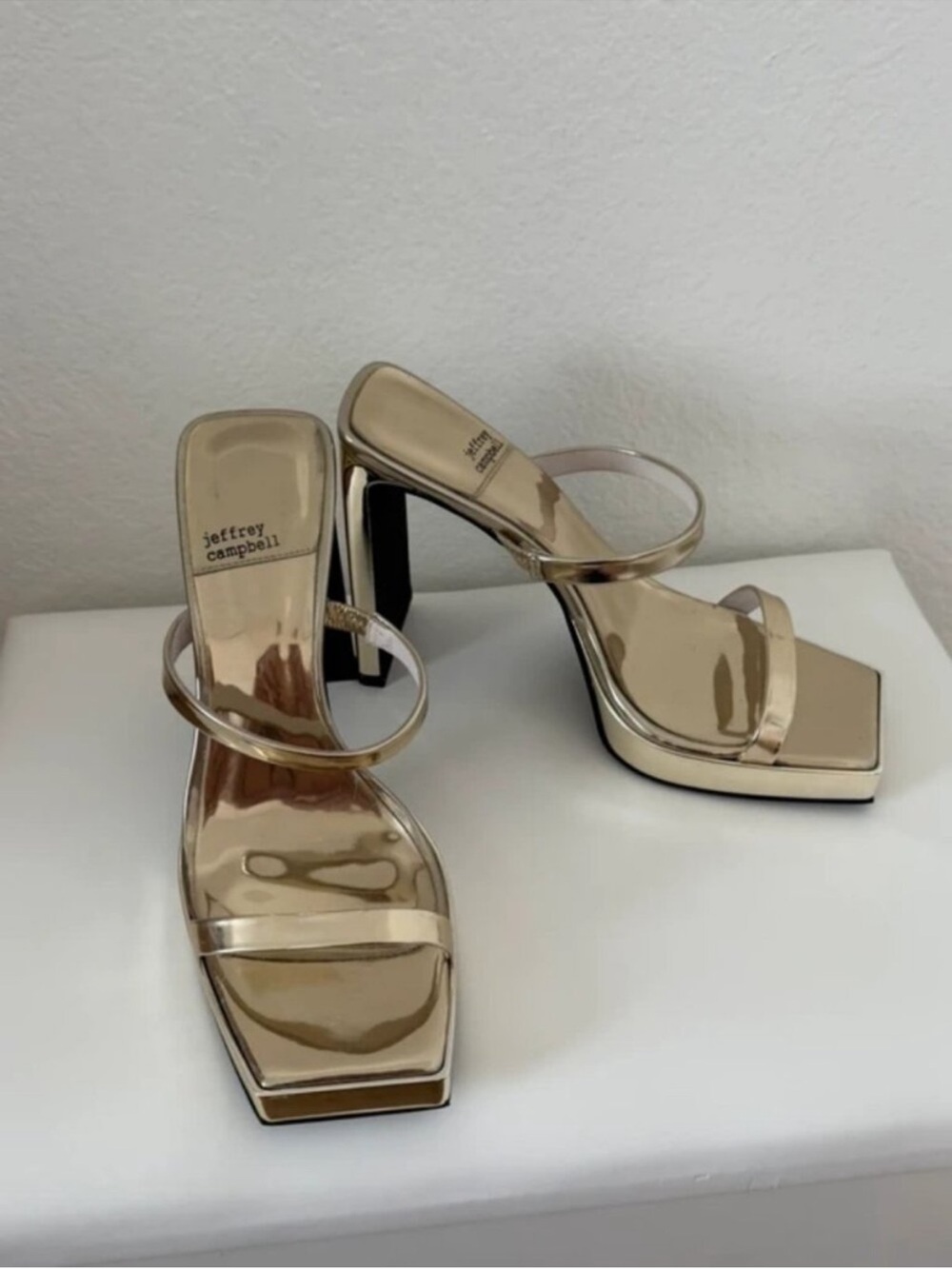 Jeffrey Campbell Metallic Gold Square-Toe Strappy Block Heels